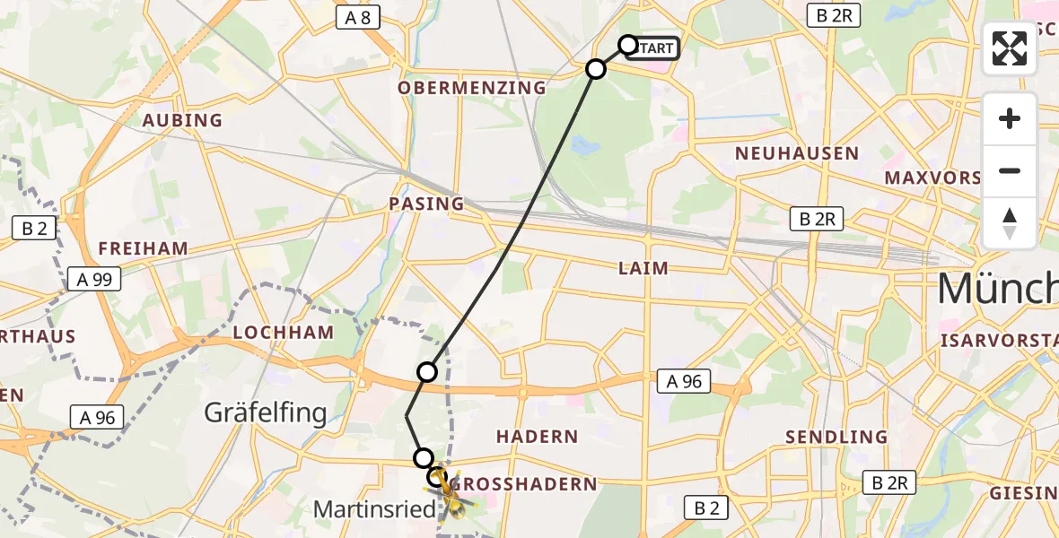 Flugroute Rettungshubschrauber Dritter Orden University Hospital - DRF Air Rescue München Hubschrauberlandeplatz, 25 September 2026, 14:28