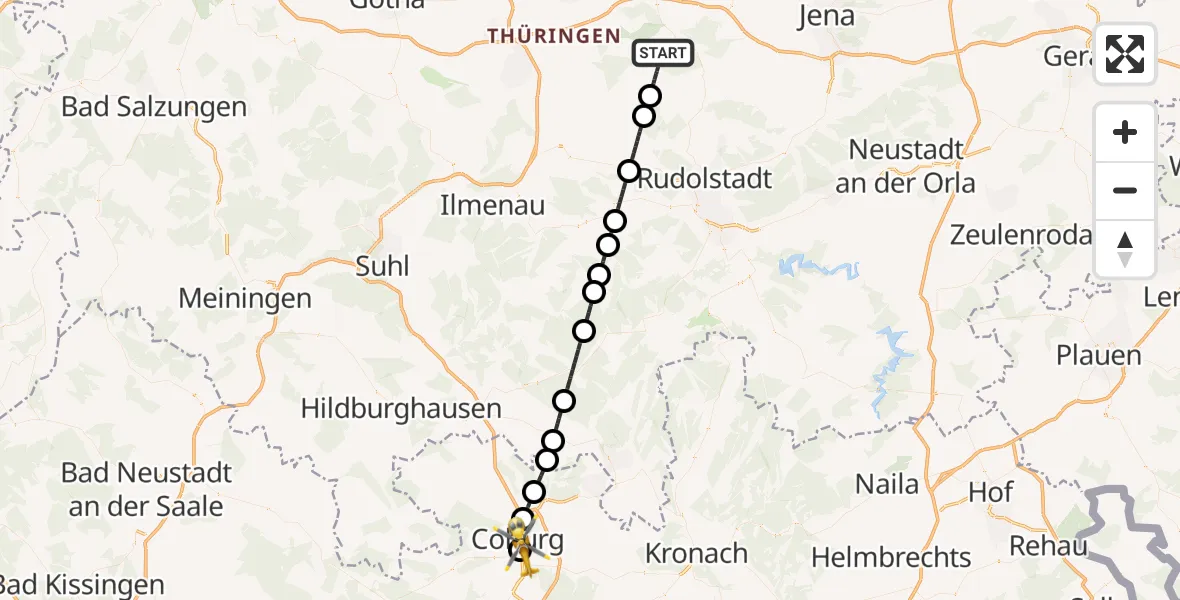 Flugroute Ambulanzhubschrauber Bad Berka - Regiomed Hospital Coburg, 25 September 2026, 14:50