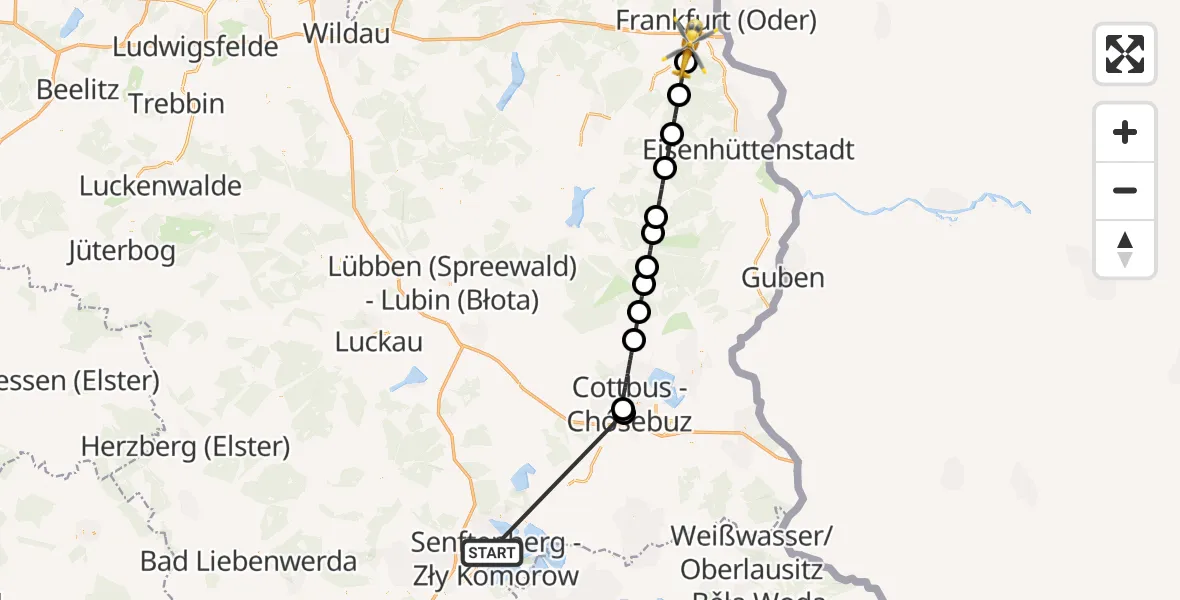 Flugroute Ambulanzhubschrauber ADAC Luftrettungsstation Senftenberg Hubschrauberlandeplatz - Frankfurt (Oder), 25 September 2026, 14:55
