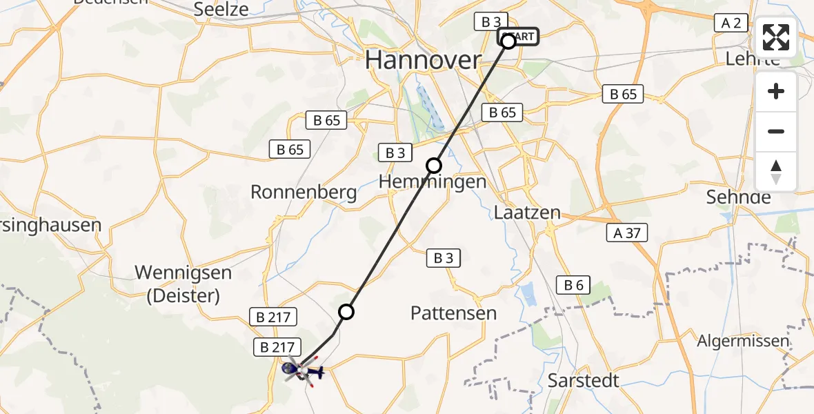 Flugroute Polizeihubschrauber Hannover Luftrettung Hubschrauberlandeplatz (Christoph 4) - Springe, 25 September 2026, 14:57