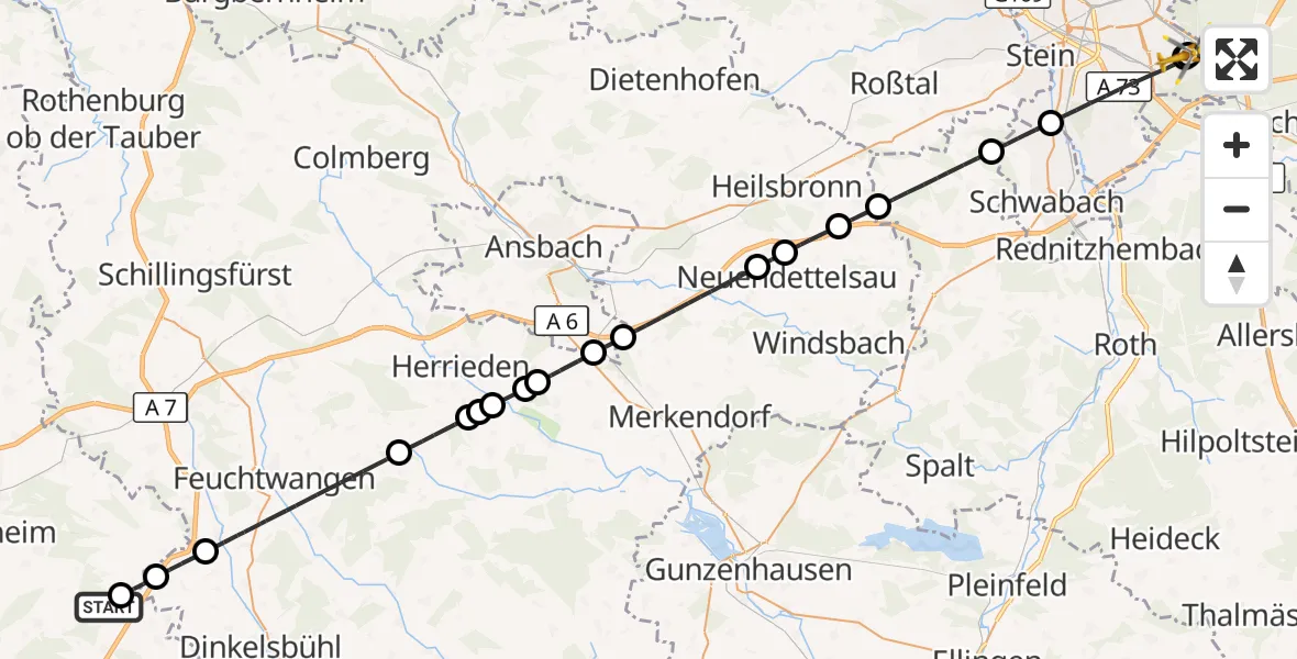 Flugroute Rettungshubschrauber Fichtenau - Nürnberg South Hospital, 25 September 2026, 14:58