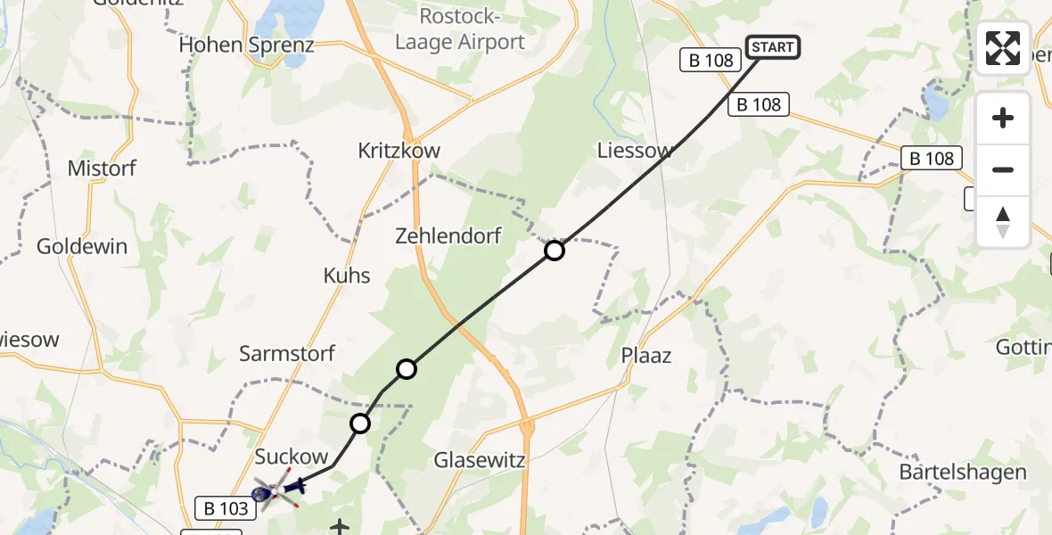 Flugroute Polizeihubschrauber Laage - Güstrow, 25 September 2026, 15:02