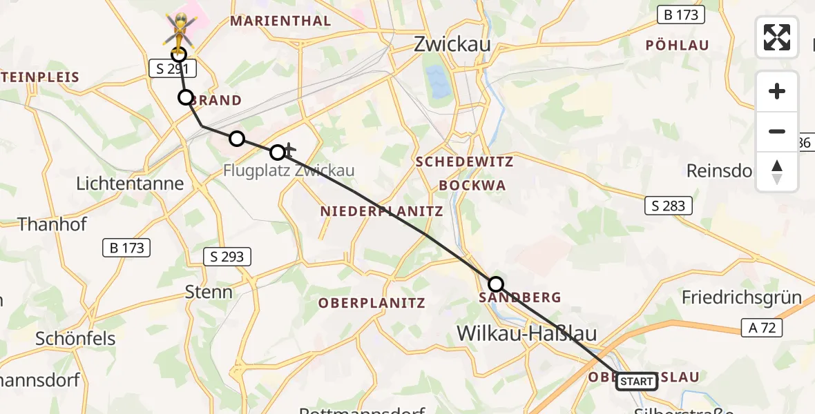 Flugroute Rettungshubschrauber Wilkau-Haßlau - ADAC Air Rescue Station Zwickau Hubschrauberlandeplatz, 25 September 2026, 15:06