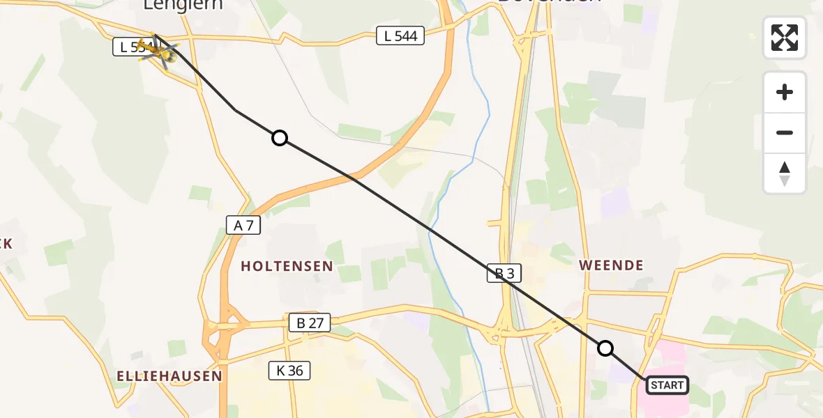 Flugroute Rettungshubschrauber Göttingen University Clinic Hubschrauberlandeplatz - Bovenden, 25 September 2026, 15:07