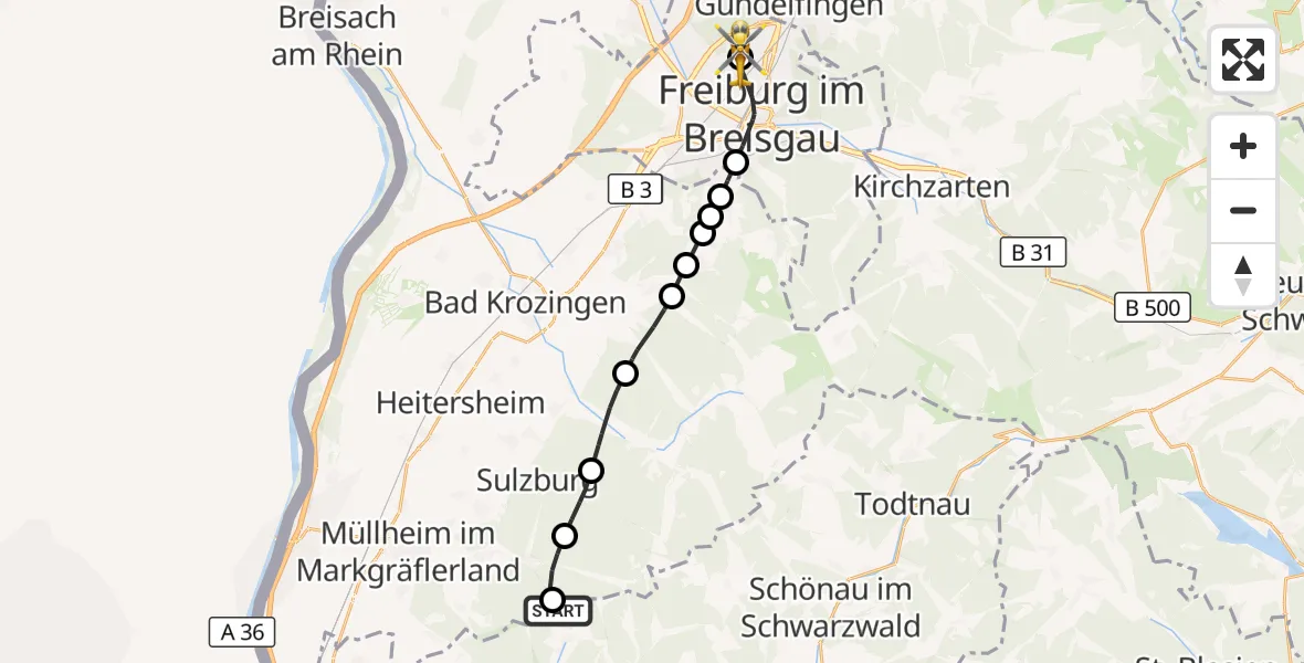 Flugroute Ambulanzhubschrauber Malsburg-Marzell - Freiburg im Breisgau Flugplatz, 25 September 2026, 15:18