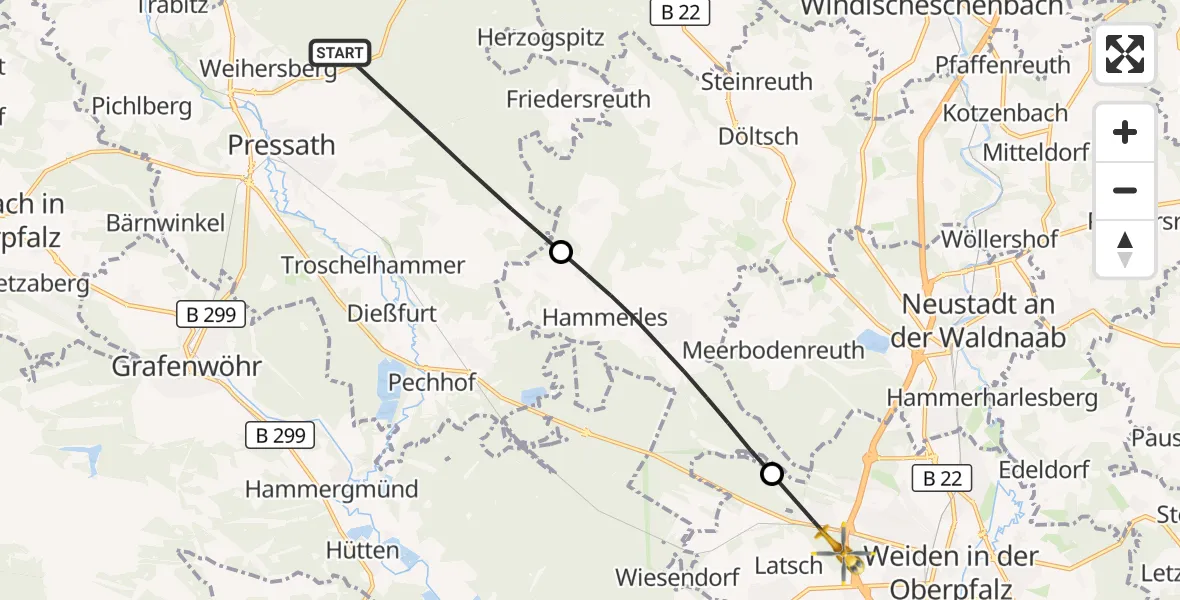 Flugroute Ambulanzhubschrauber Pressath - Weiden i.d.OPf., 25 September 2026, 15:19