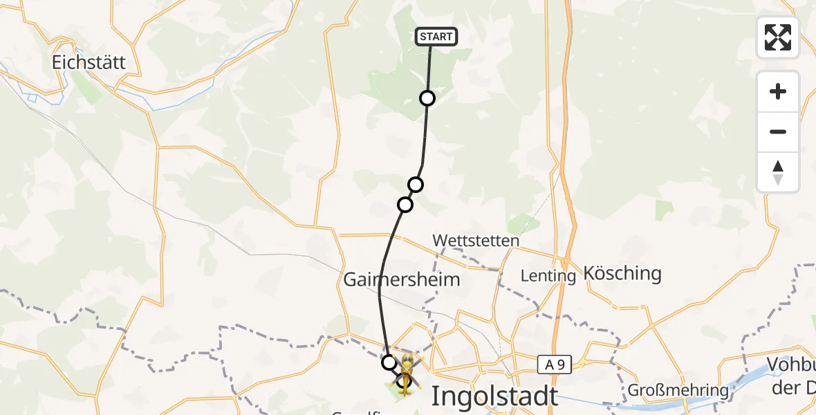 Flugroute Rettungshubschrauber Kipfenberg - Ingolstadt Hospital, 25 September 2026, 15:20