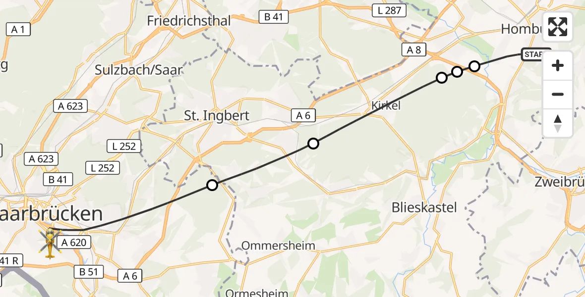 Flugroute Rettungshubschrauber Homburg - Saarbrücken, 25 September 2026, 15:54