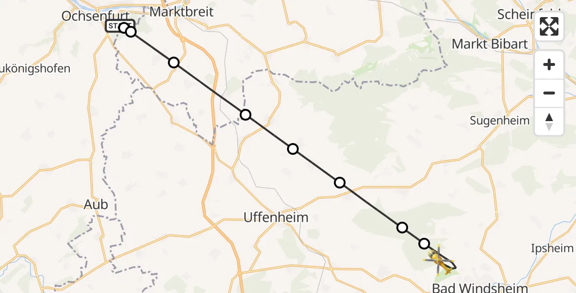 Flugroute Rettungshubschrauber Ochsenfurt Hospital - Bad Windsheim, 25 September 2026, 16:05