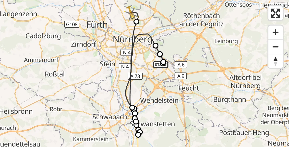 Flugroute Rettungshubschrauber Nürnberg South Hospital - Flughafen Nuremberg, 25 September 2026, 16:18