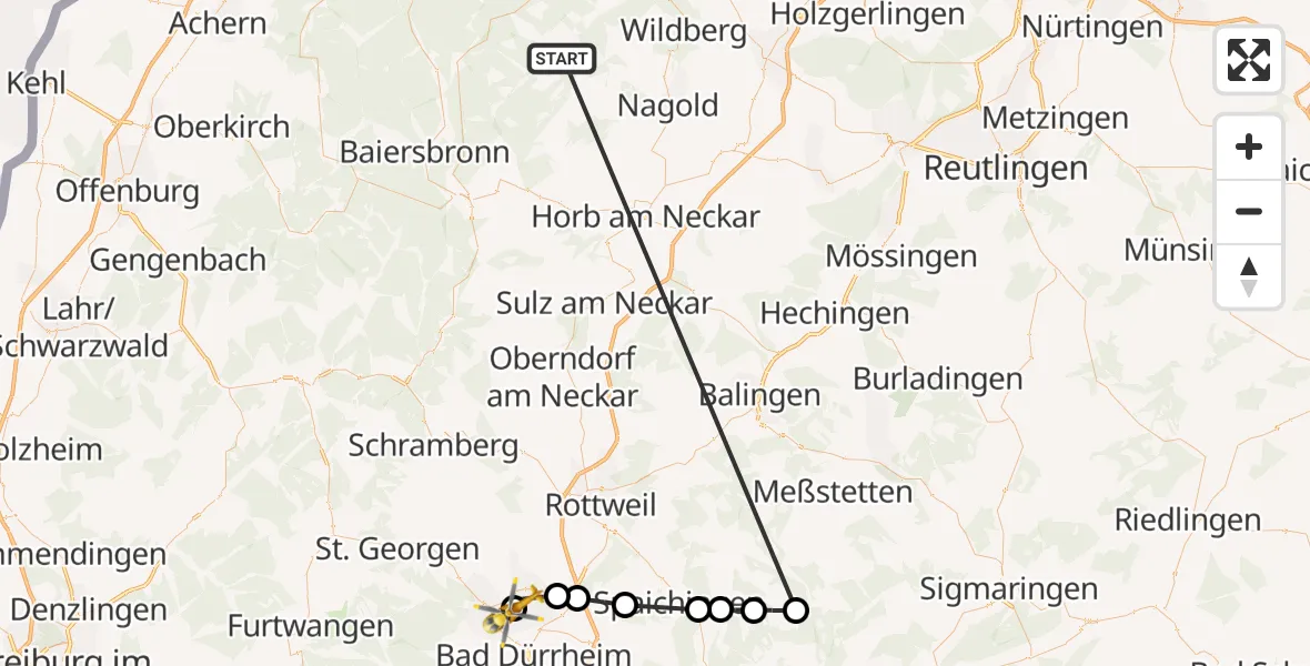 Flugroute Ambulanzhubschrauber Altensteig - DRF Air Rescue Station Villingen-Schwenningen Hubschrauberlandeplatz (Christoph 11), 25 September 2026, 16:21