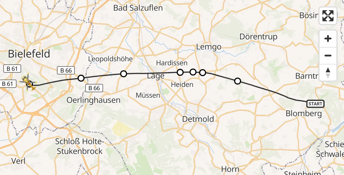 Flugroute Rettungshubschrauber Blomberg - Luftrettungszentrum Bielefeld, 25 September 2026, 16:26