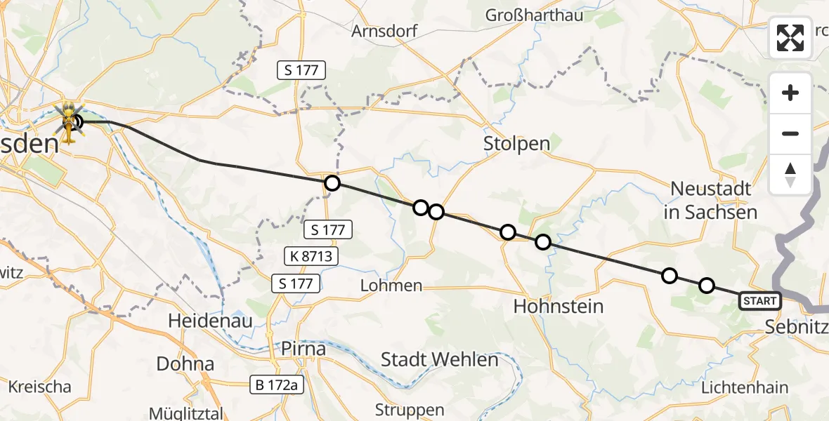 Flugroute Rettungshubschrauber Sebnitz - Dresden University Hospital, 25 September 2026, 16:42