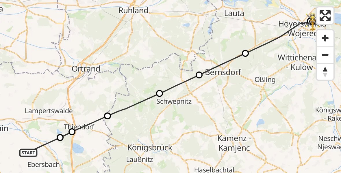 Flugroute Rettungshubschrauber Ebersbach - Lausitzer Seenland Hospital, 25 September 2026, 16:46