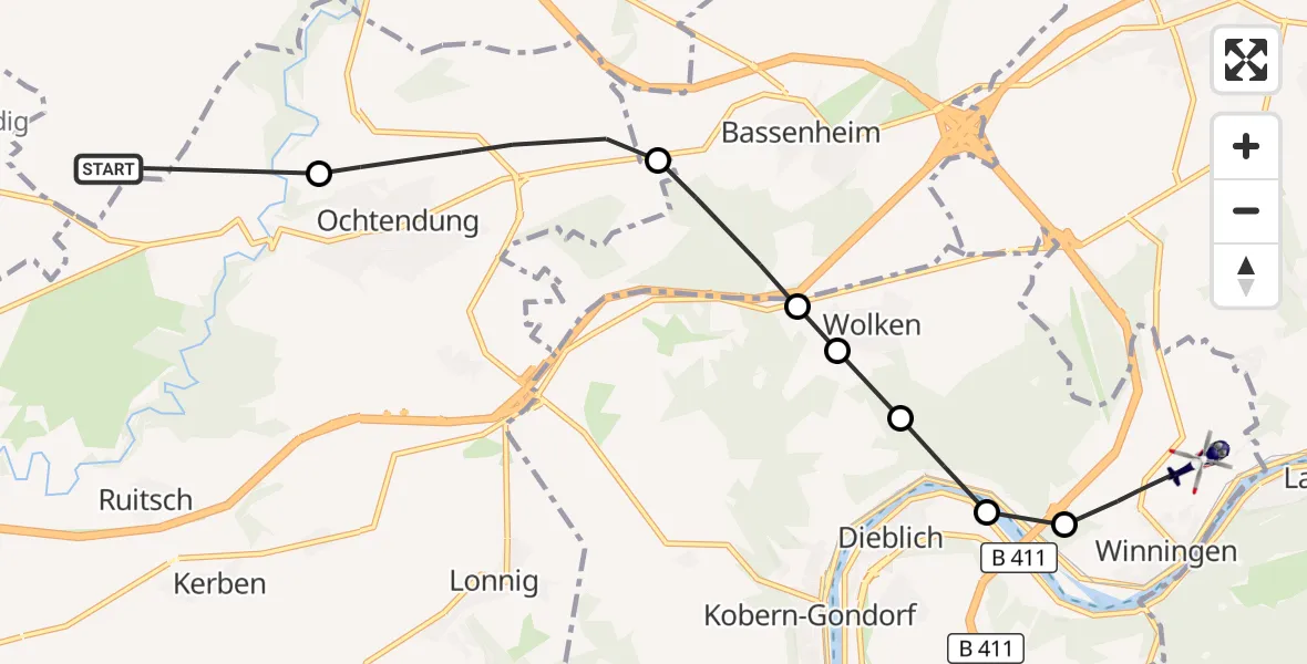 Flugroute Polizeihubschrauber Kruft - Koblenz-Winningen Flugplatz, 25 September 2026, 17:47