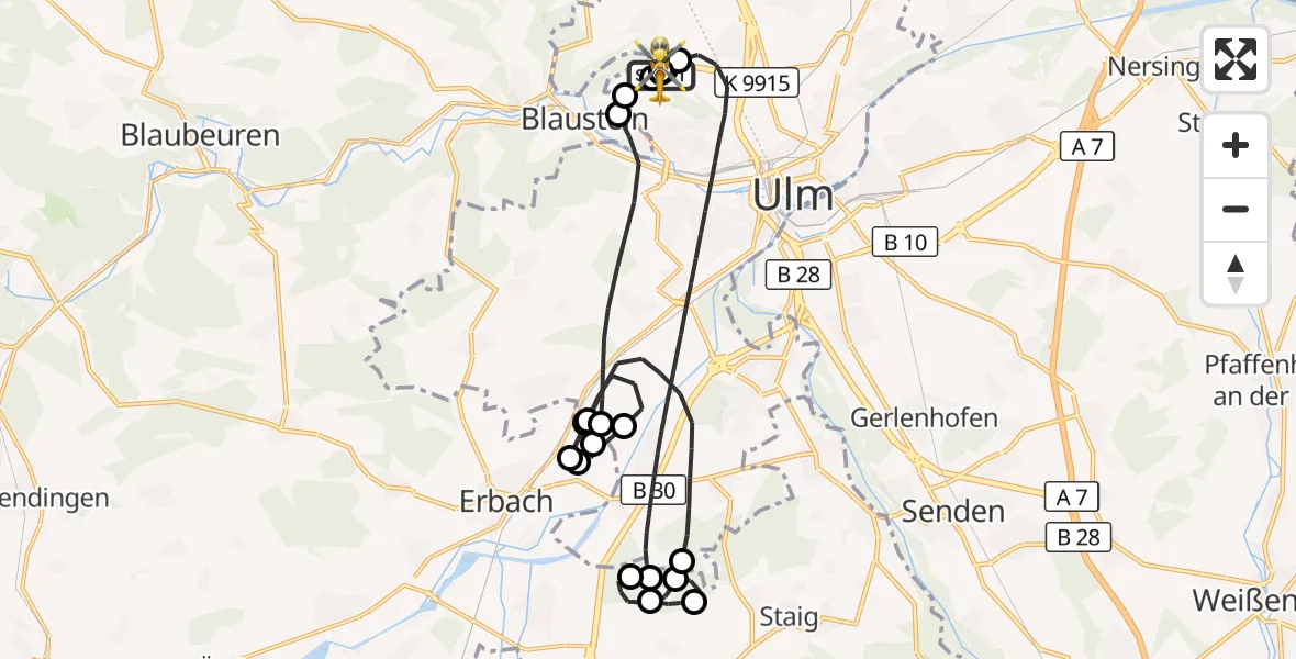Flugroute Rettungshubschrauber Ulm Military Hospital Emergency - ADAC Air Rescue Station Ulm (Christoph 22), 25 September 2026, 18:09