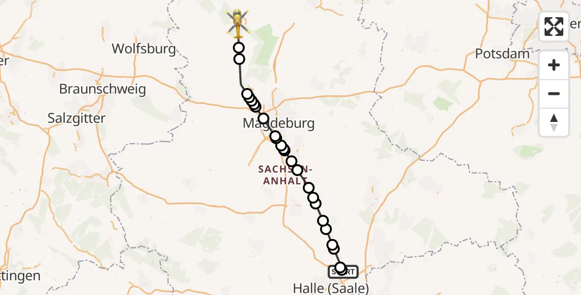 Flugroute Rettungshubschrauber Halle-Oppin Flugplatz - Gardelegen, 25 September 2026, 18:24