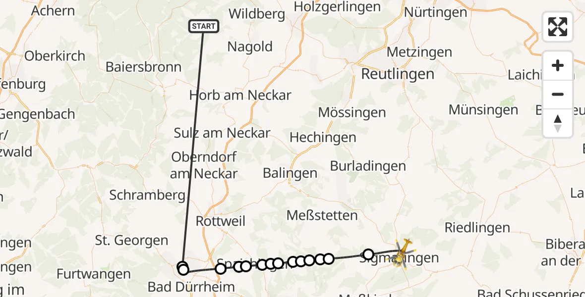 Flugroute Ambulanzhubschrauber Altensteig - Sigmaringen, 25 September 2026, 19:11