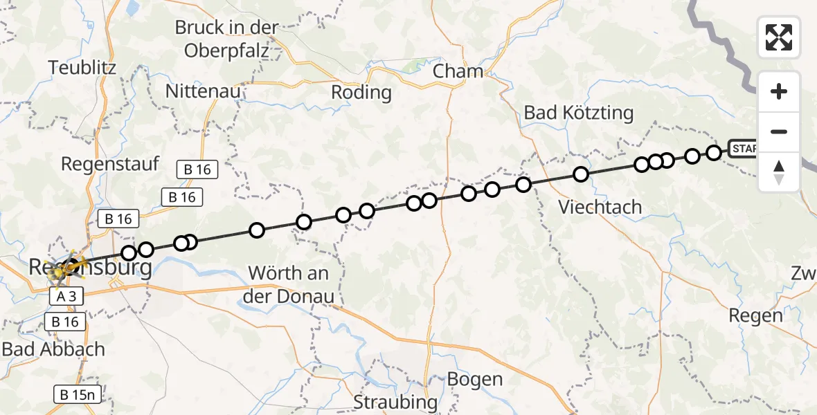Flugroute Rettungshubschrauber Lohberg - Barmherzige Brüder (Brothers of Mercy) Hospital Regensburg, 25 September 2026, 19:30