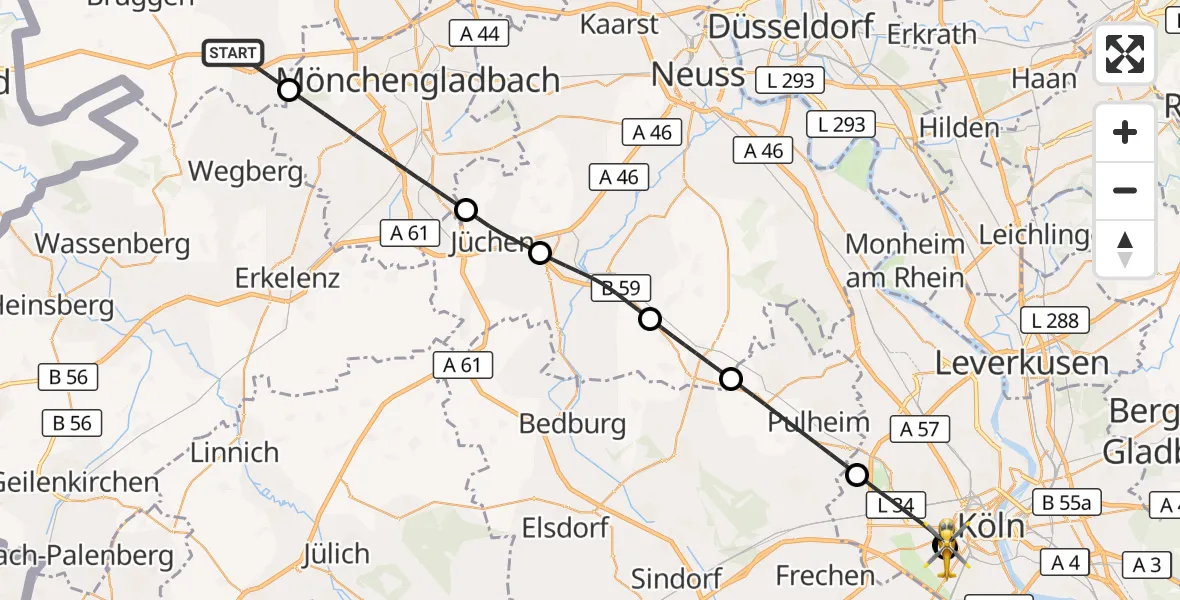 Flugroute Ambulanzhubschrauber Schwalmtal - Köln University Hospital, 25 September 2026, 19:48