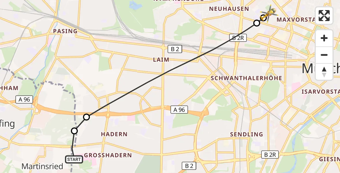 Flugroute Rettungshubschrauber DRF Air Rescue München Hubschrauberlandeplatz - Deutsches Herzzentrum München, 25 September 2026, 19:52