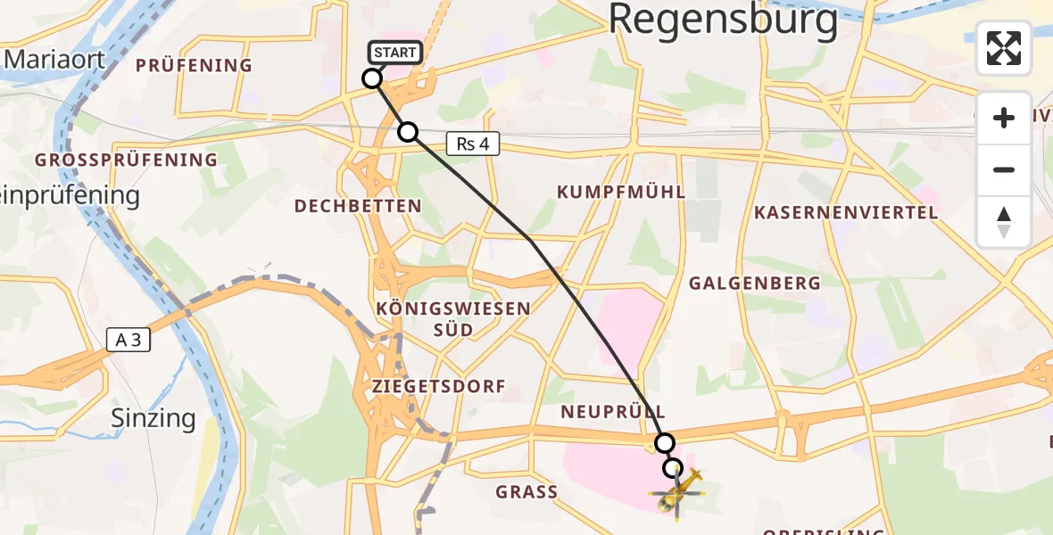 Flugroute Rettungshubschrauber Barmherzige Brüder (Brothers of Mercy) Hospital Regensburg - DRF Air Rescue Station Regensburg / Regensburg University Hospital, 25 September 2026, 20:14