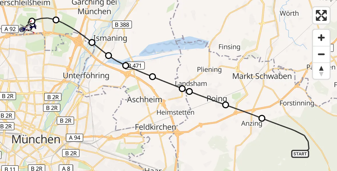 Flugroute Polizeihubschrauber Anzinger Forst - Oberschleißheim, 25 September 2026, 20:20