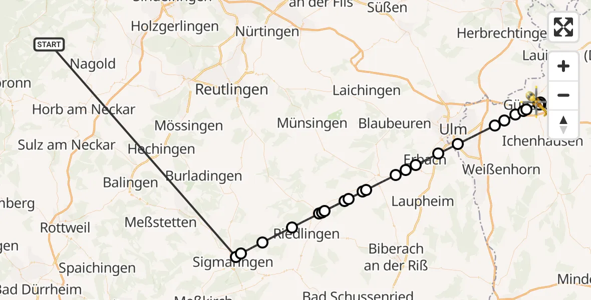 Flugroute Ambulanzhubschrauber Altensteig - Günzburg Hospital, 25 September 2026, 20:32