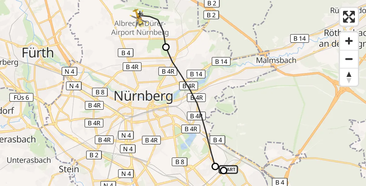 Flugroute Rettungshubschrauber Nürnberg South Hospital - Flughafen Nuremberg, 25 September 2026, 21:44
