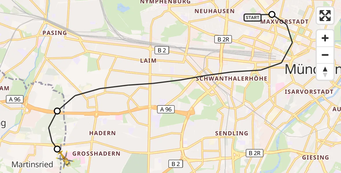 Flugroute Rettungshubschrauber Deutsches Herzzentrum München - DRF Air Rescue München Hubschrauberlandeplatz, 25 September 2026, 21:48