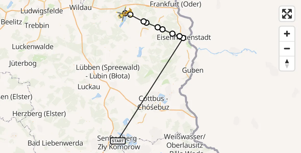 Flugroute Ambulanzhubschrauber ADAC Luftrettungsstation Senftenberg Hubschrauberlandeplatz - Bad Saarow Hospital Hubschrauberlandeplatz, 25 September 2026, 22:02