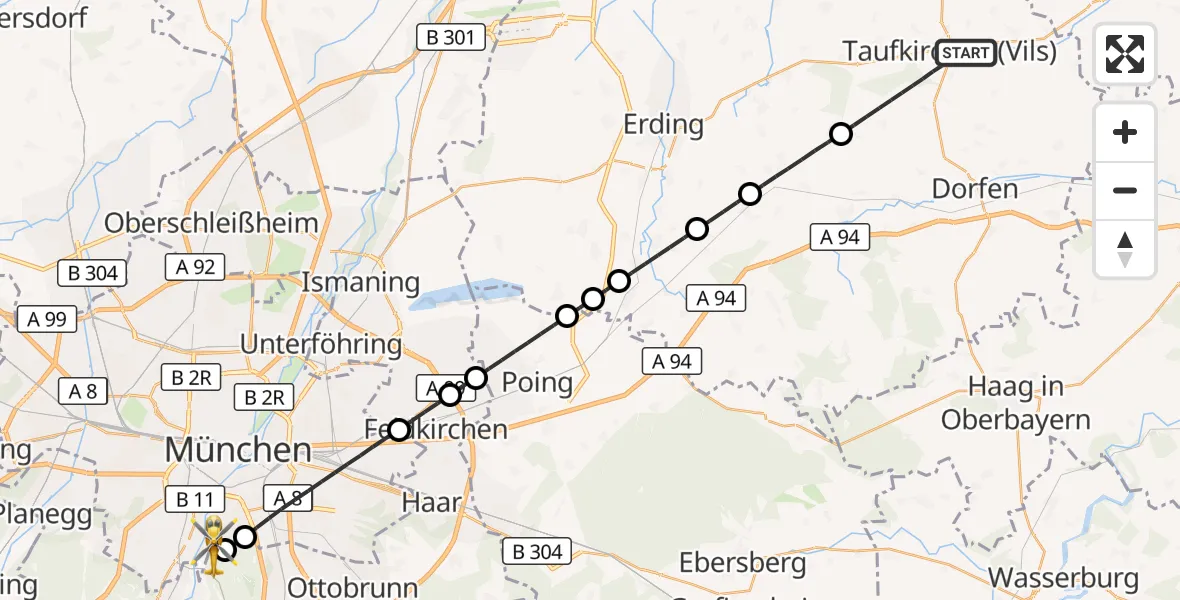 Flugroute Rettungshubschrauber Taufkirchen (Vils) - ADAC Air Rescue Center Hubschrauberlandeplatz (Christoph 1), 25 September 2026, 22:47