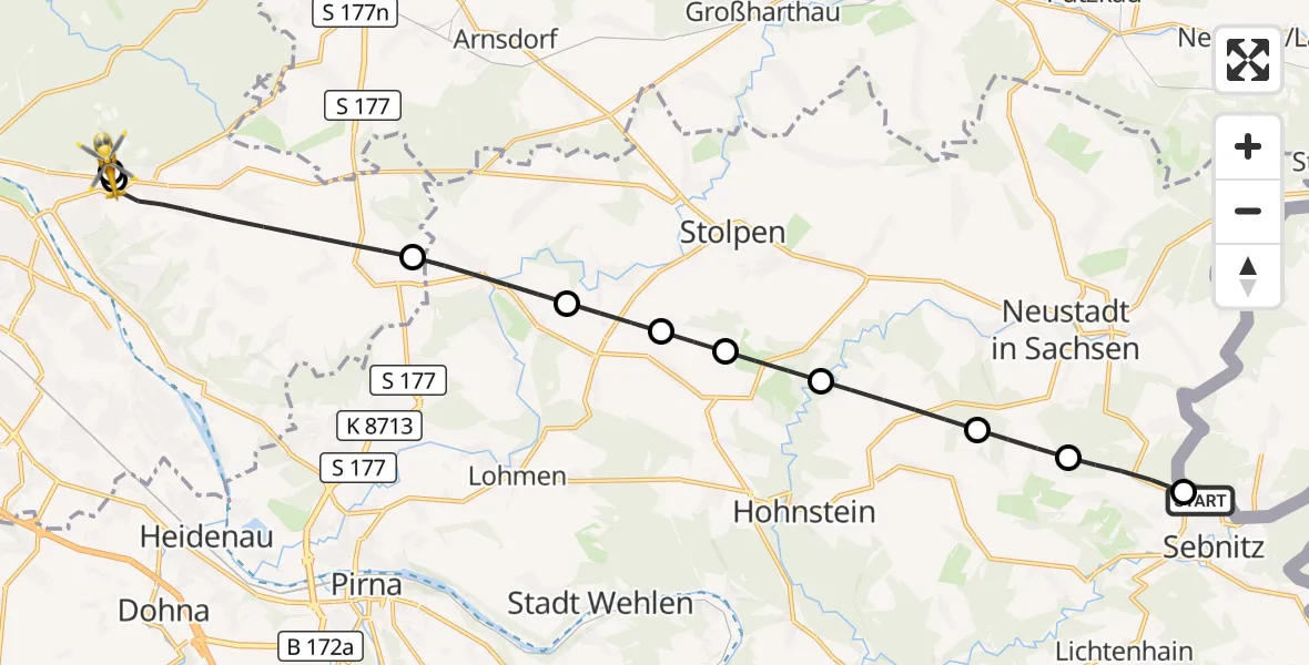 Flugroute Rettungshubschrauber Saxon Switzerland Clinic Sebnitz Hubschrauberlandeplatz - Weißer Hirsch Hospital, 25 September 2026, 23:59