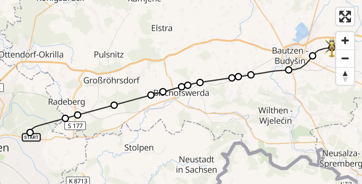 Flugroute Rettungshubschrauber Weißer Hirsch Hospital - Bautzen Flugplatz, 26 September 2026, 00:26