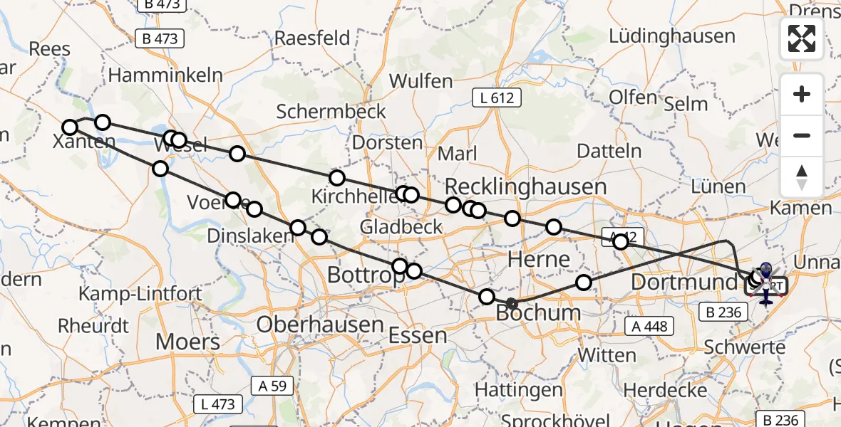 Flugroute Polizeihubschrauber Dortmund Flughafen - Dortmund Flughafen, 26 September 2026, 00:40