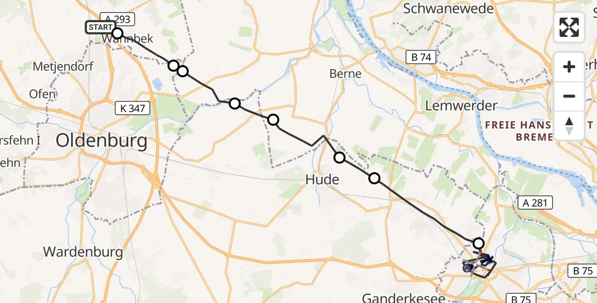 Flugroute Polizeihubschrauber Oldenburg Police Hubschrauberlandeplatz - Delmenhorst, 26 September 2026, 02:05