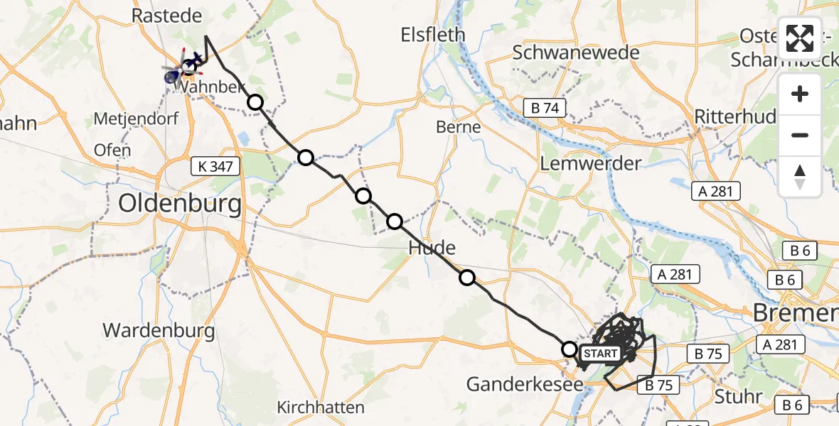 Flugroute Polizeihubschrauber Delmenhorst - Oldenburg Police Hubschrauberlandeplatz, 26 September 2026, 02:20