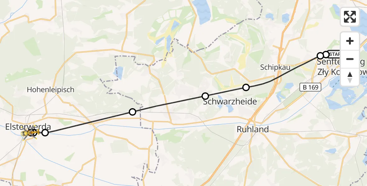 Flugroute Ambulanzhubschrauber ADAC Luftrettungsstation Senftenberg Hubschrauberlandeplatz - Elbe-Elster Hospital Elsterwerda, 26 September 2026, 02:26