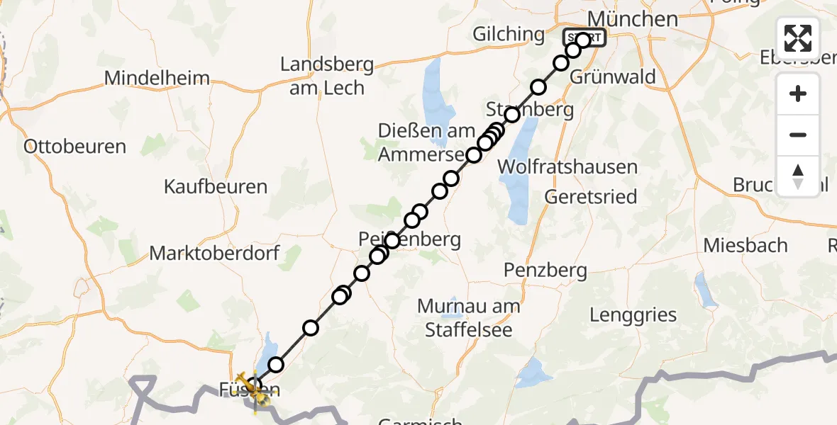 Flugroute Rettungshubschrauber DRF Air Rescue München Hubschrauberlandeplatz - Füssen, 26 September 2026, 03:48