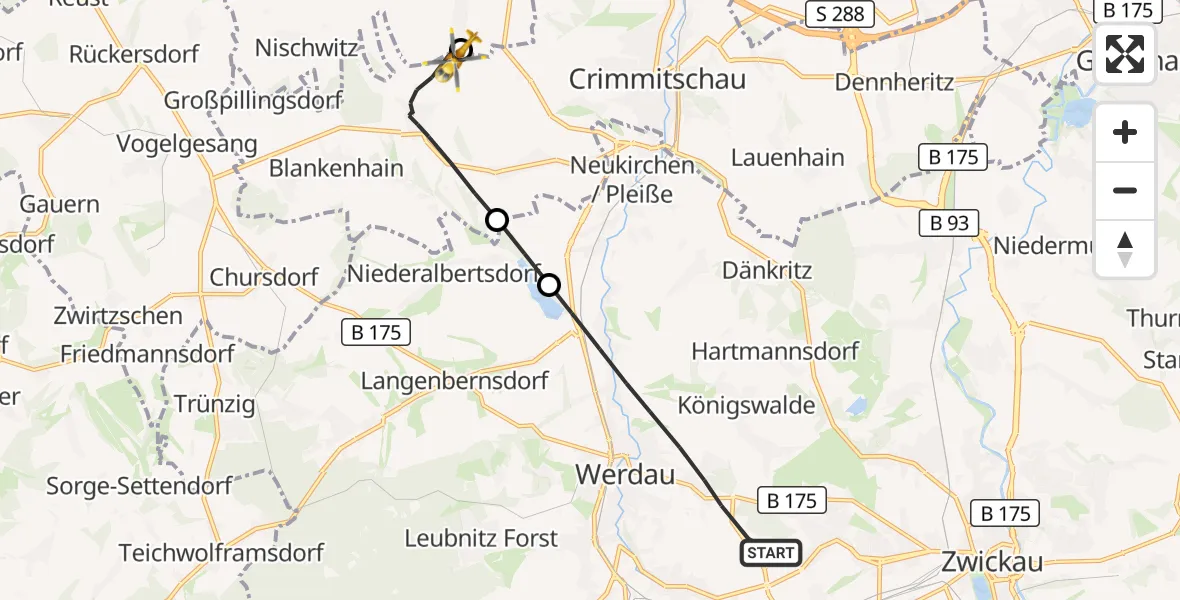 Flugroute Rettungshubschrauber Werdau - Crimmitschau, 26 September 2026, 05:22