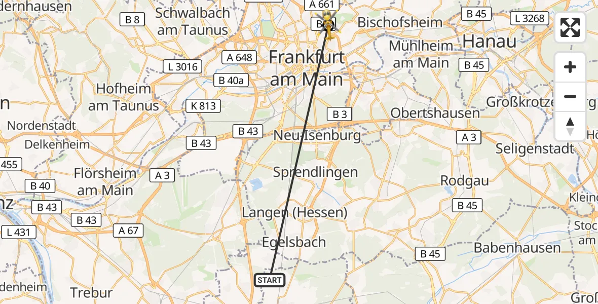 Flugroute Rettungshubschrauber Darmstadt - Frankfurt am Main Accident Hospital Roof Helipad (CHX2), 26 September 2026, 05:33
