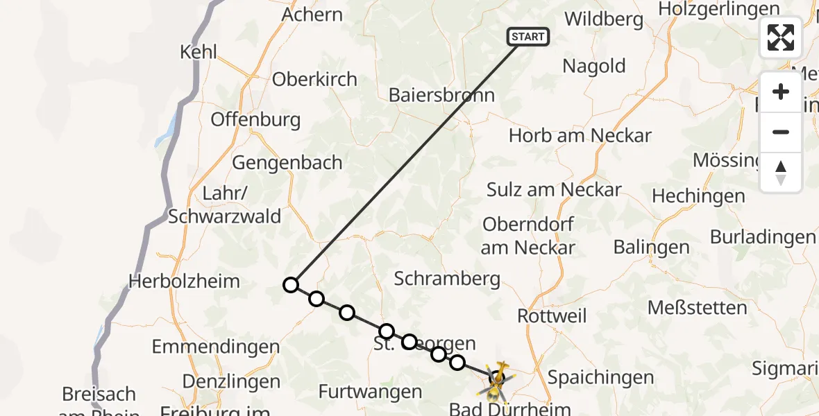Flugroute Ambulanzhubschrauber Altensteig - DRF Air Rescue Station Villingen-Schwenningen Hubschrauberlandeplatz (Christoph 11), 26 September 2026, 05:57