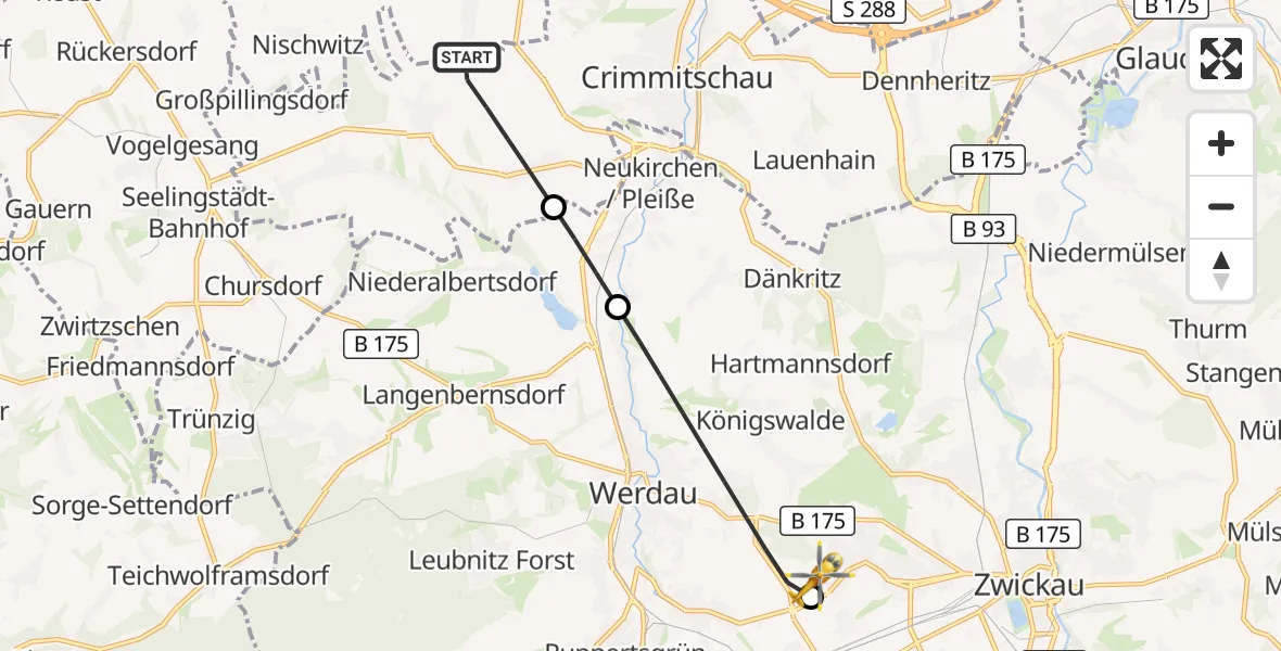 Flugroute Rettungshubschrauber Crimmitschau - ADAC Air Rescue Station Zwickau Hubschrauberlandeplatz, 26 September 2026, 05:59