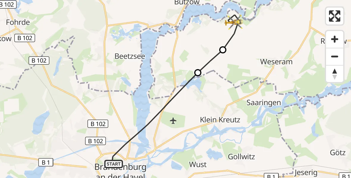 Flugroute Rettungshubschrauber Brandenburg an der Havel - Roskow, 26 September 2026, 06:10