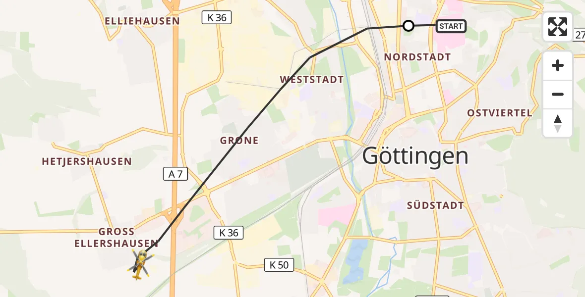 Flugroute Rettungshubschrauber Göttingen University Clinic Hubschrauberlandeplatz - Göttingen, 26 September 2026, 06:17