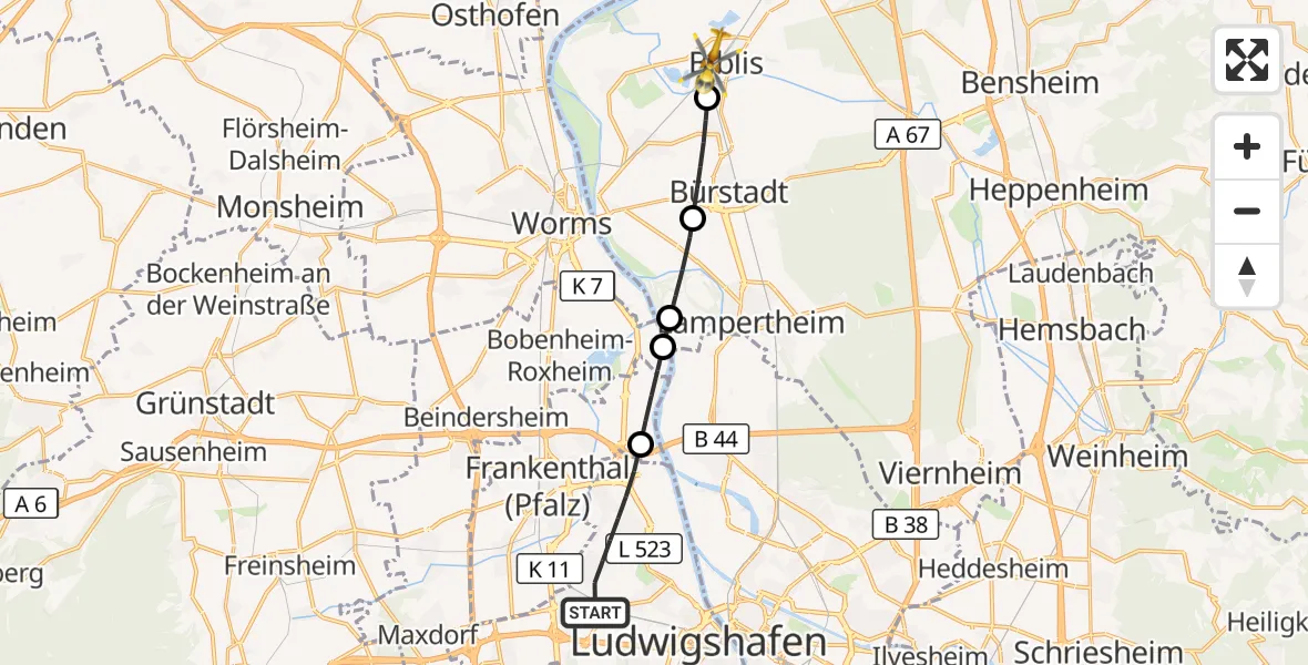 Flugroute Rettungshubschrauber Ludwigshafen am Rhein - Biblis, 26 September 2026, 06:37
