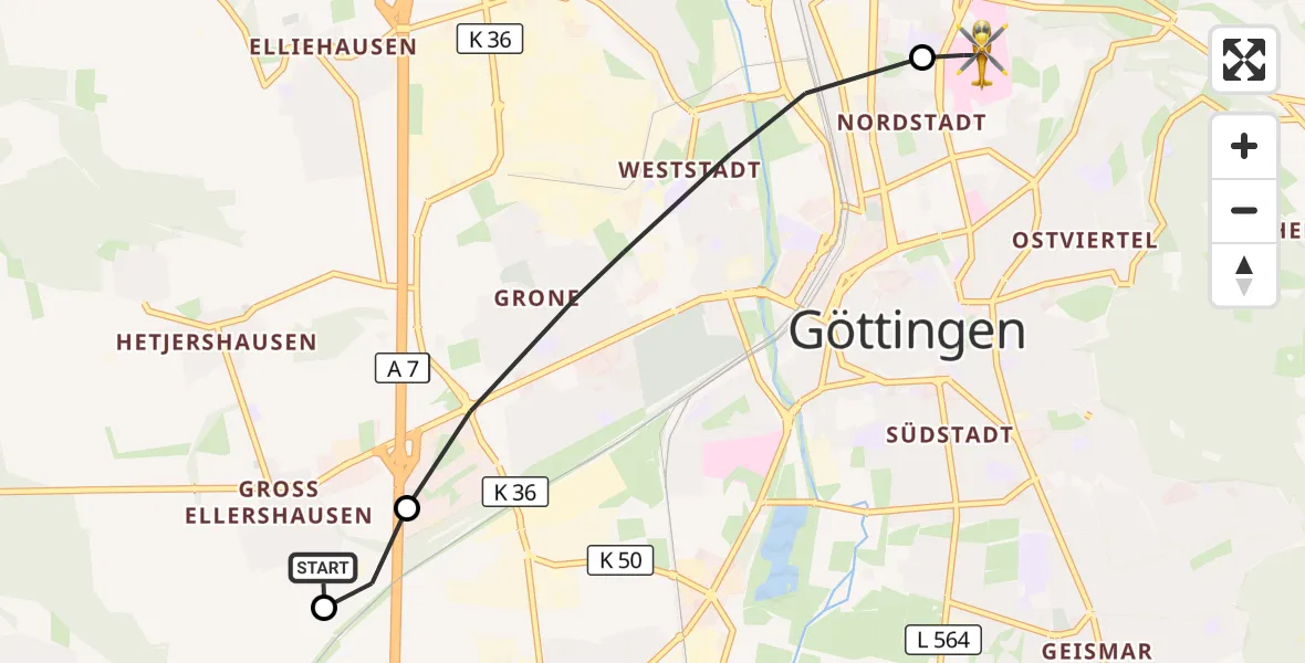 Flugroute Rettungshubschrauber Göttingen - Göttingen University Clinic Hubschrauberlandeplatz, 26 September 2026, 06:49