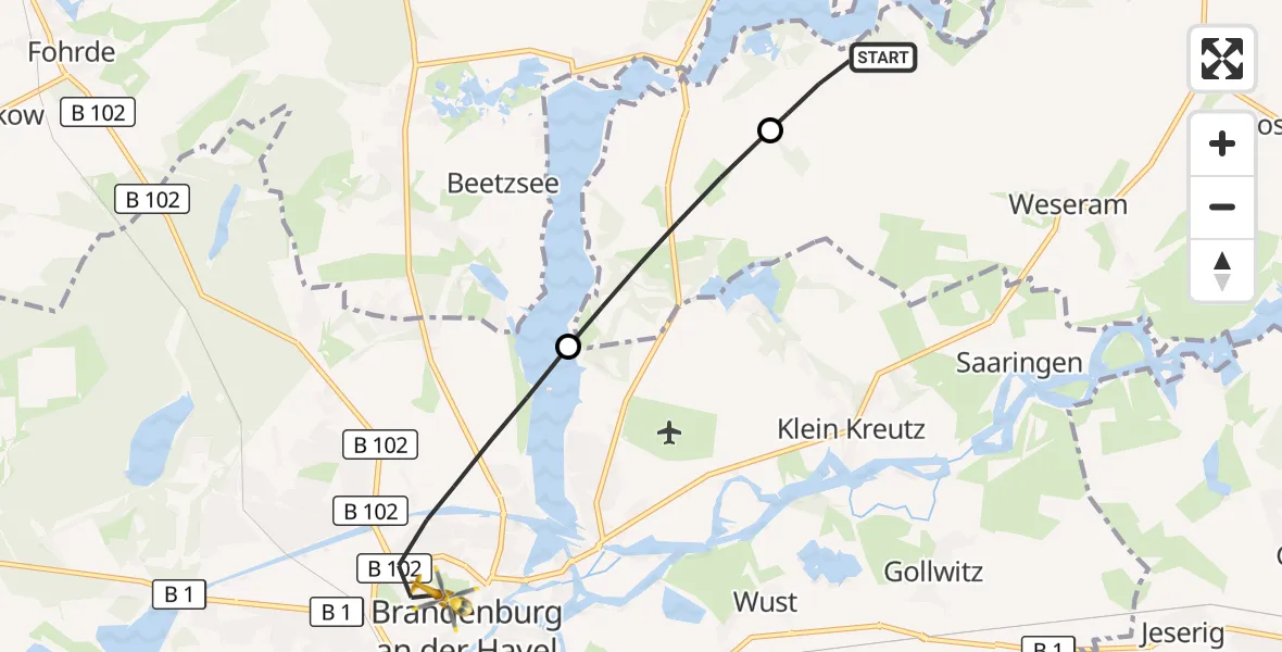 Flugroute Rettungshubschrauber Roskow - Brandenburg an der Havel, 26 September 2026, 06:58