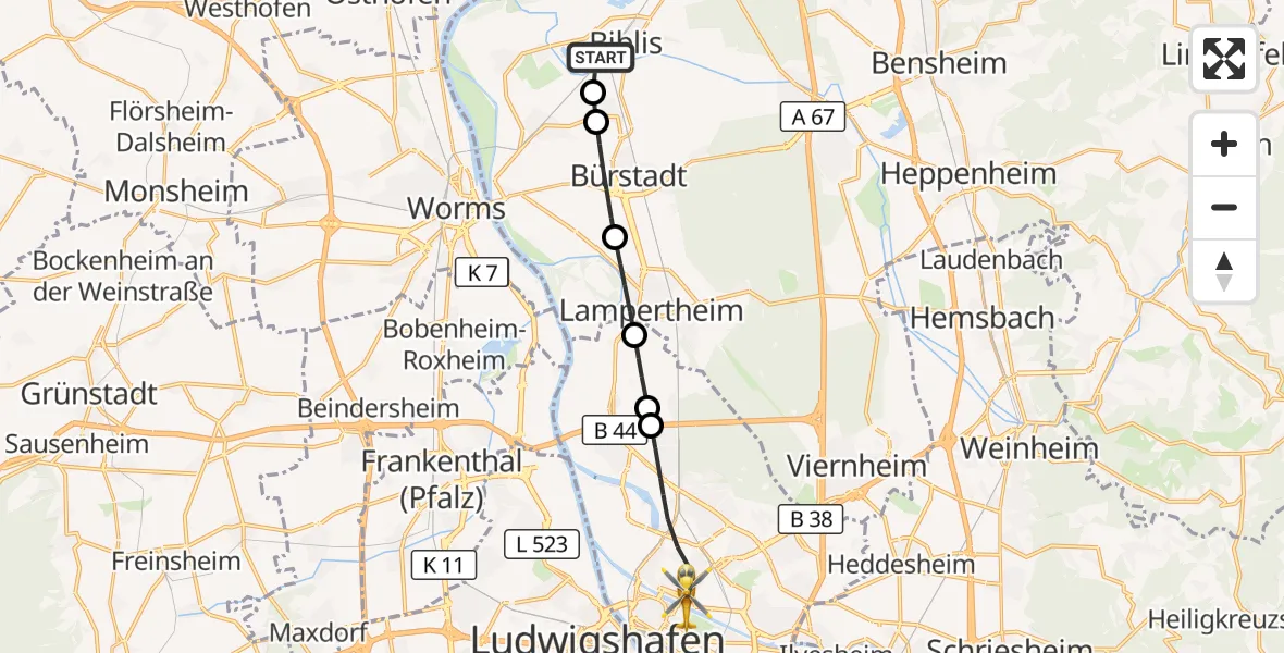 Flugroute Rettungshubschrauber Biblis - Mannheim, 26 September 2026, 07:04