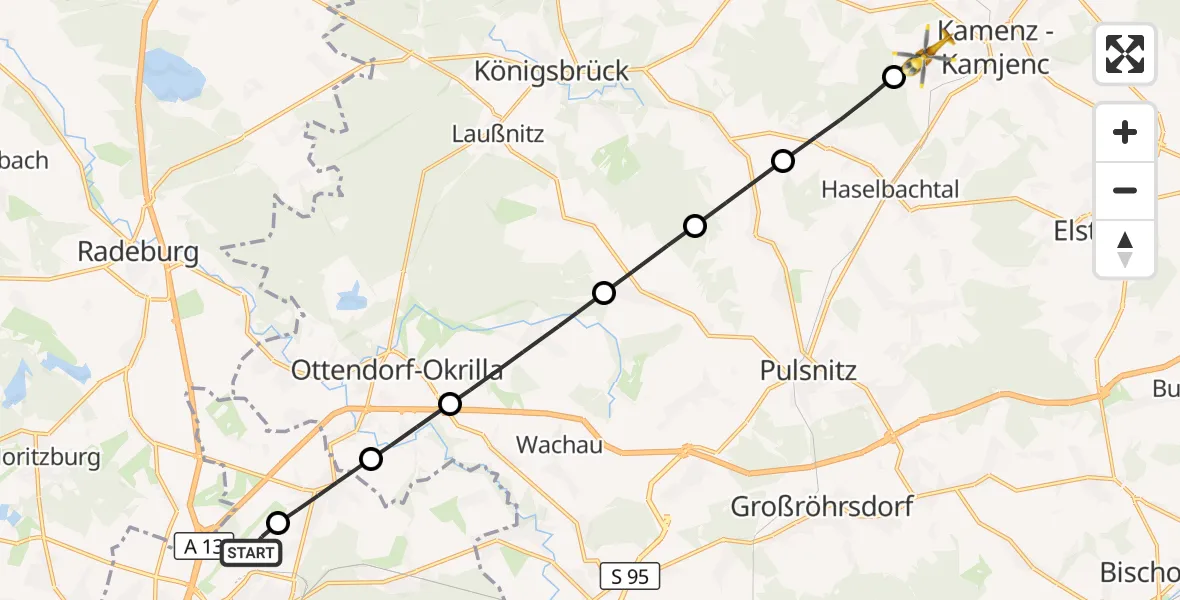 Flugroute Rettungshubschrauber Dresden Bundespolizei Hubschrauberlandeplatz - Kamenz, 26 September 2026, 07:13